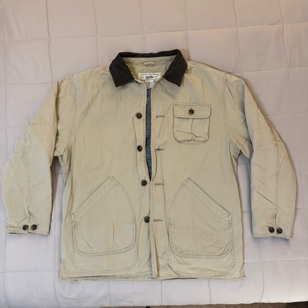 GAP Men's Button Up Light Tan Jacket with Dark Collar and 3 pockets sz L